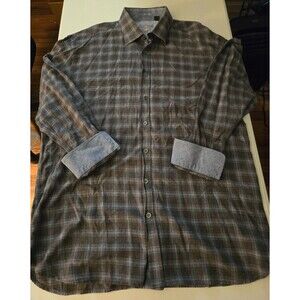 Enzone Mens Size 2XL Brown Blue Plaid Button Down Long Sleeve Shirt Flip Ciuff